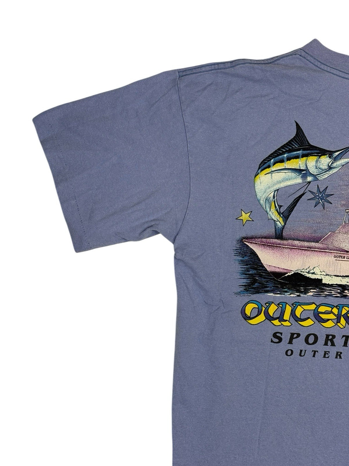 Vintage American Purple Graphic Print Sports Fishing Cotton Top Large