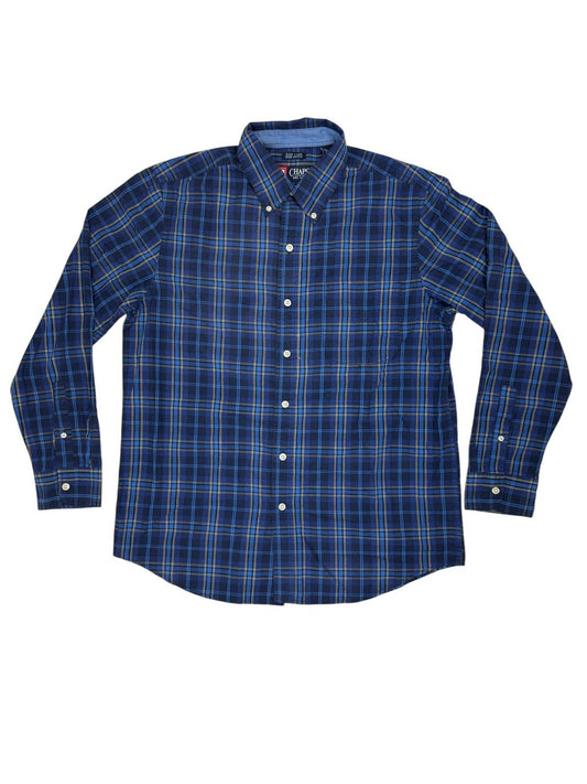 Chaps Blue Cotton Blend Plaid Collared Shirt Medium