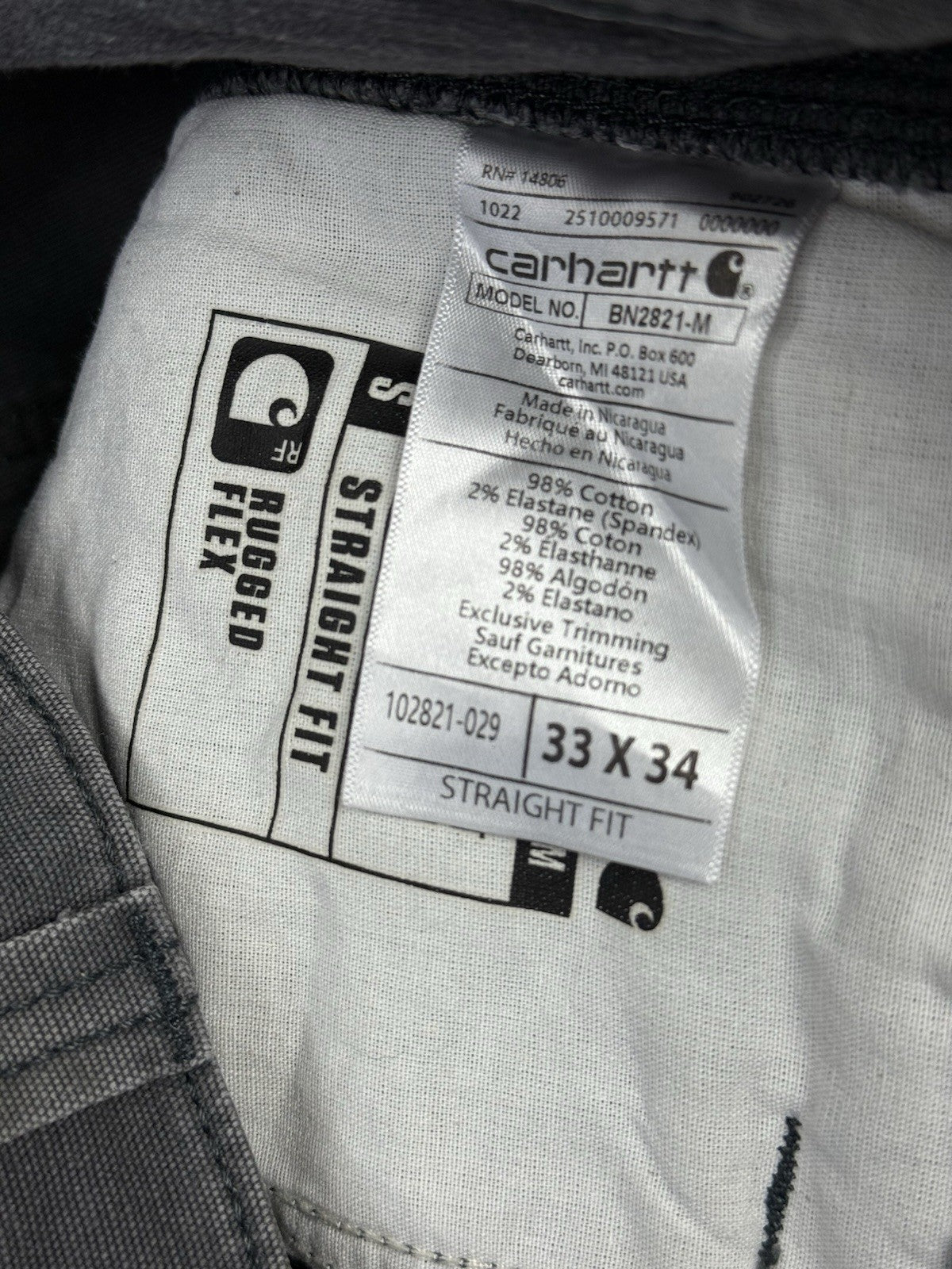Carhartt Grey Straight Fit Rugged Flex Jeans 33W 34L
