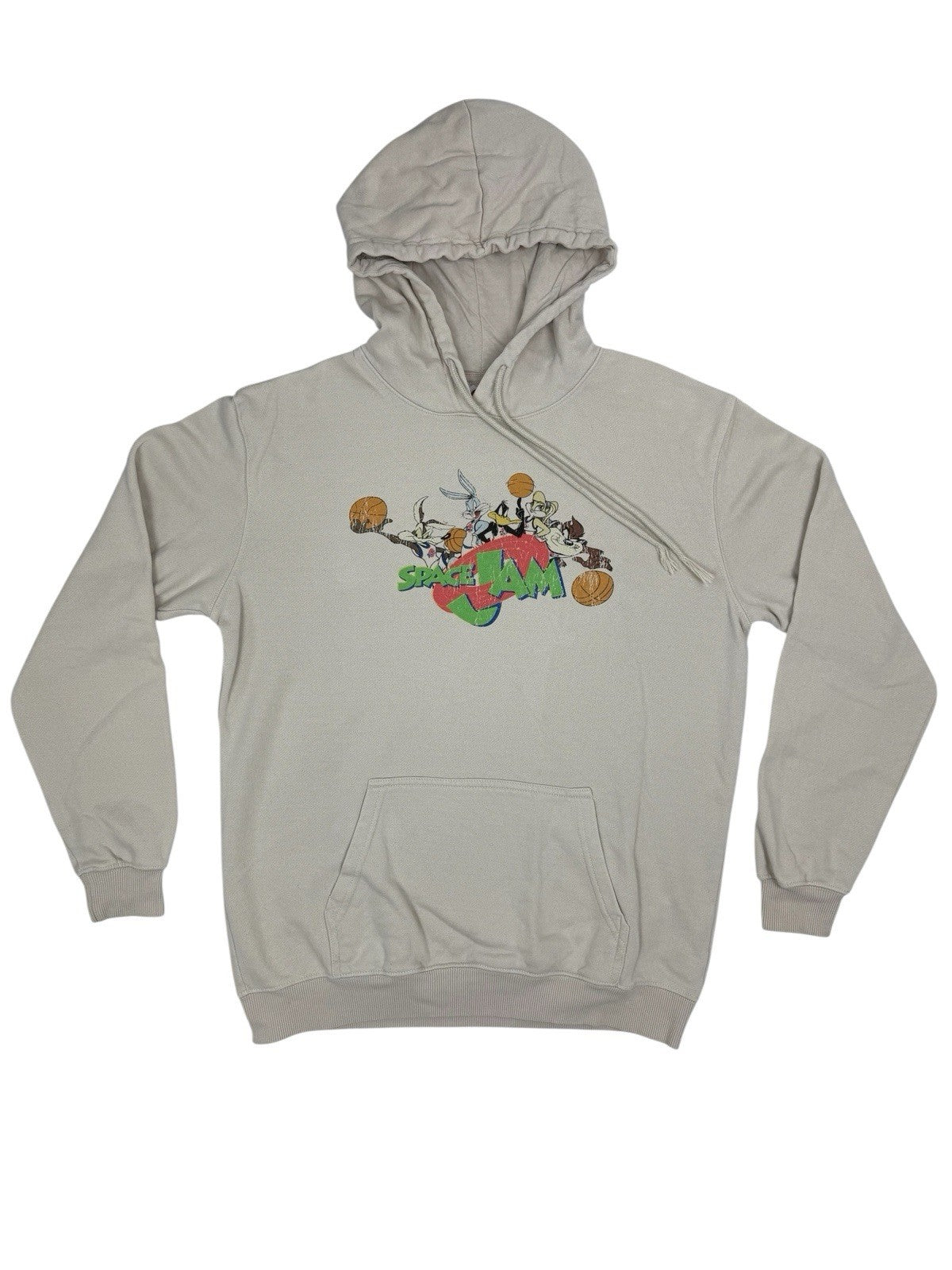 Retro Space Jam Beige Distressed Printed Hoodie Small