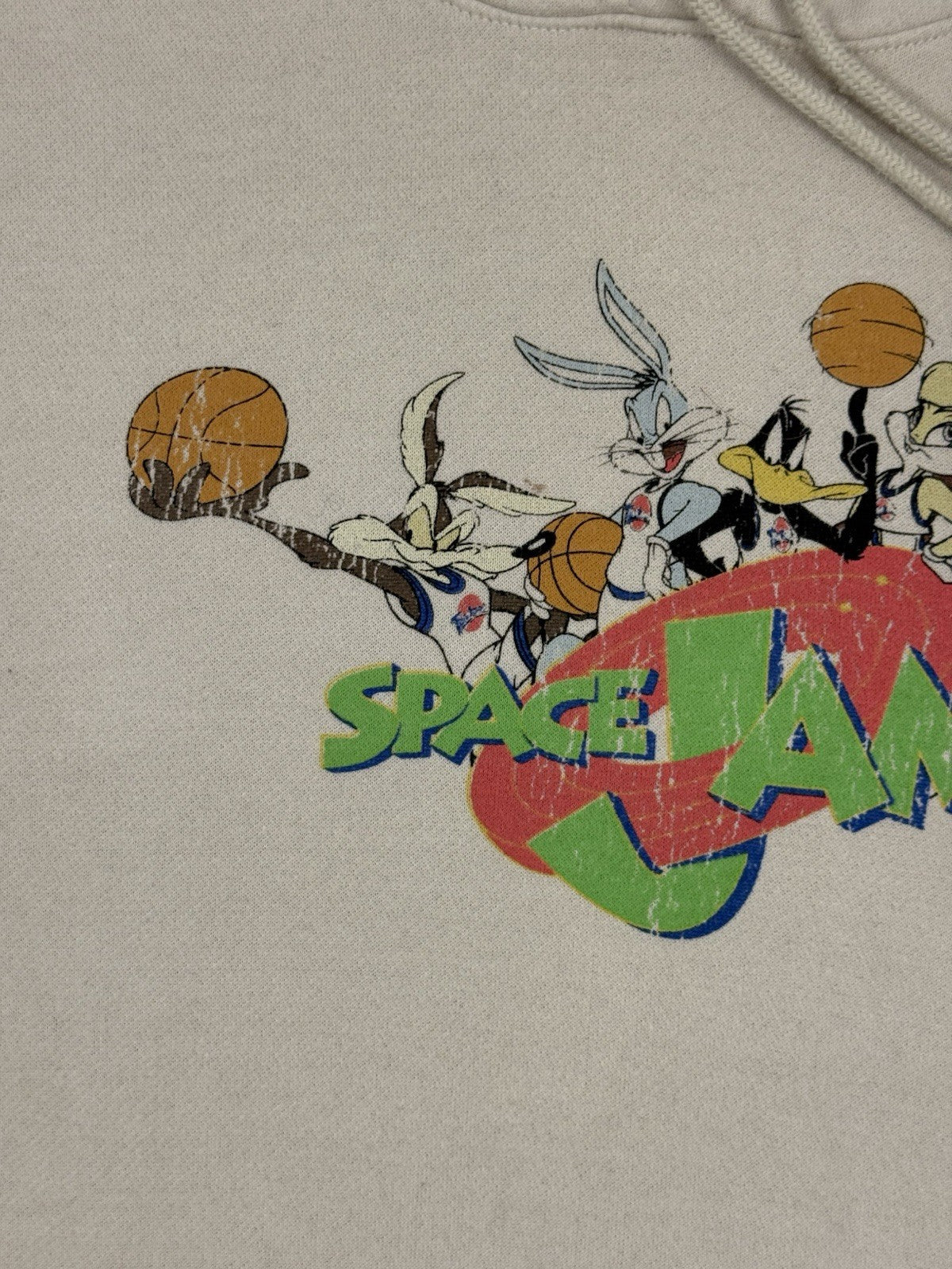 Retro Space Jam Beige Distressed Printed Hoodie Small