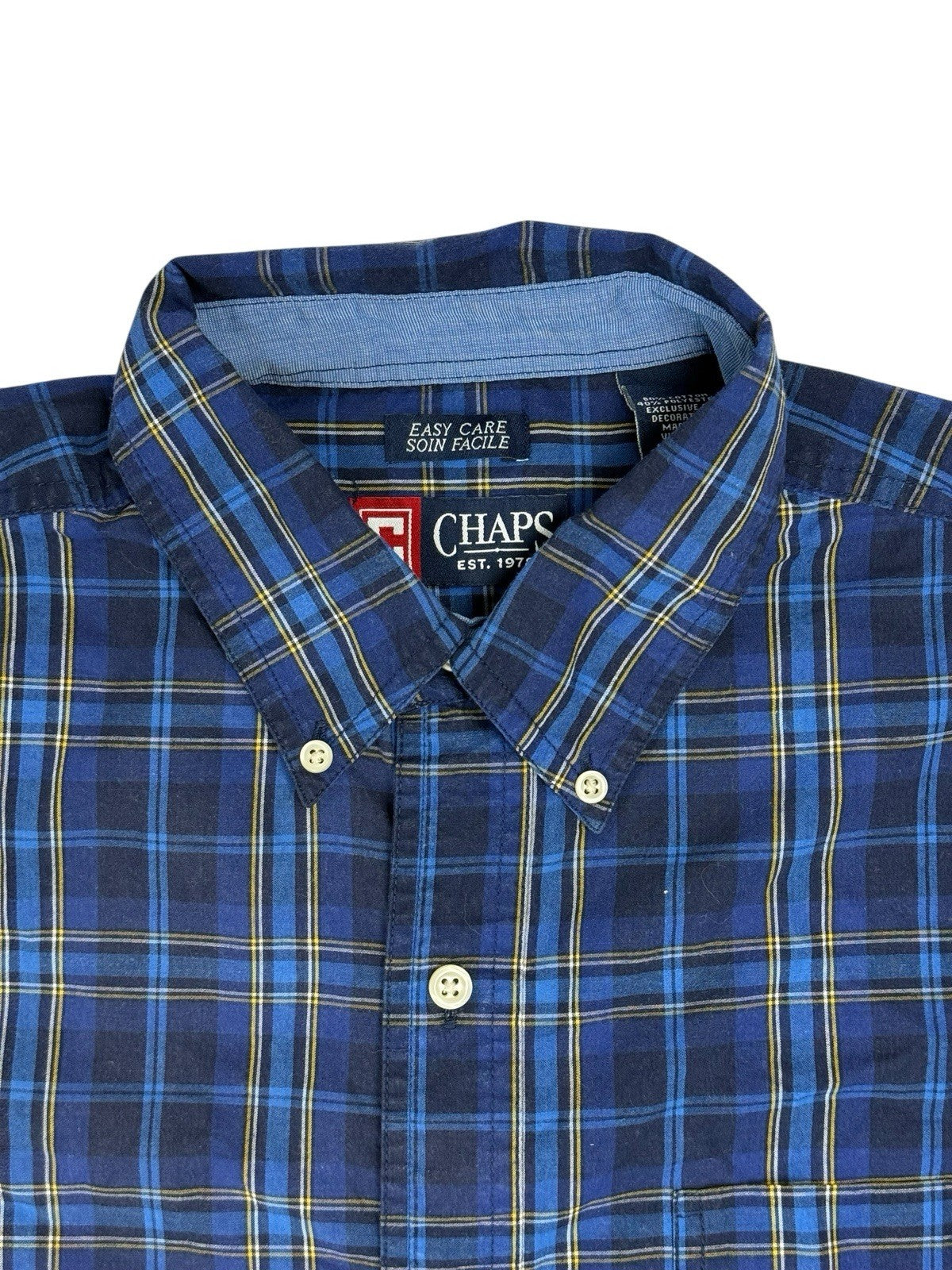 Chaps Blue Cotton Blend Plaid Collared Shirt Medium