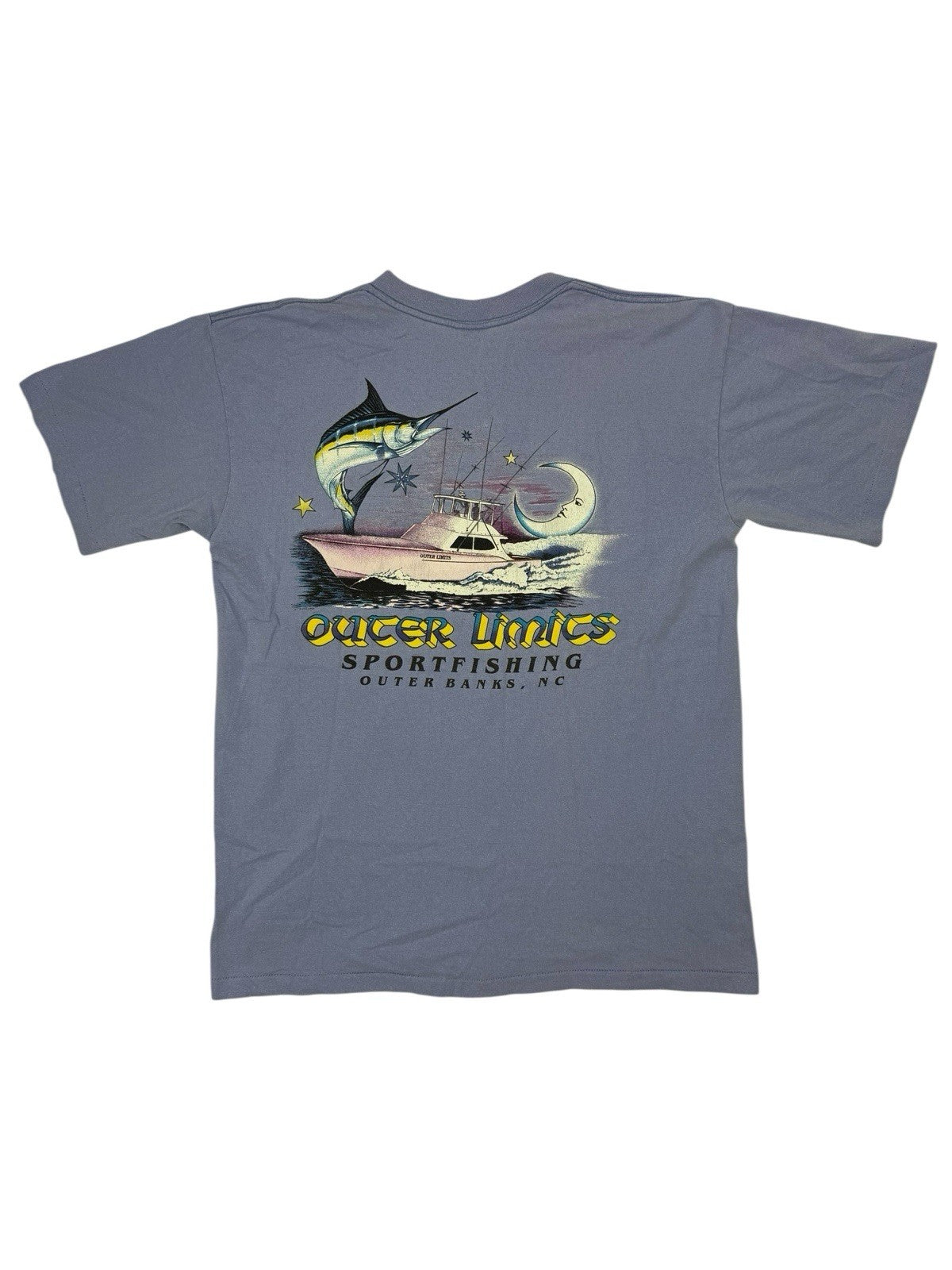 Vintage American Purple Graphic Print Sports Fishing Cotton Top Large