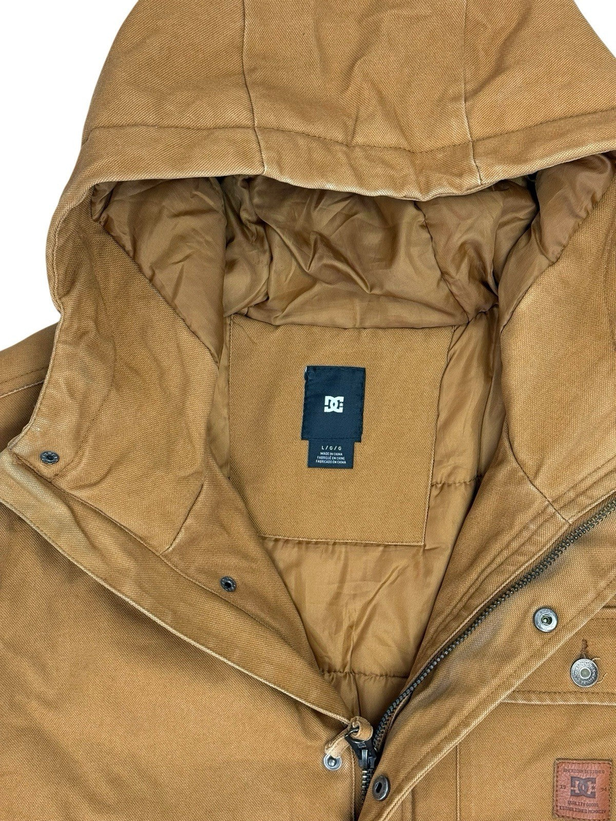 DC Brown Heavyweight Zip Hooded Insulated Denim Long Jacket Medium