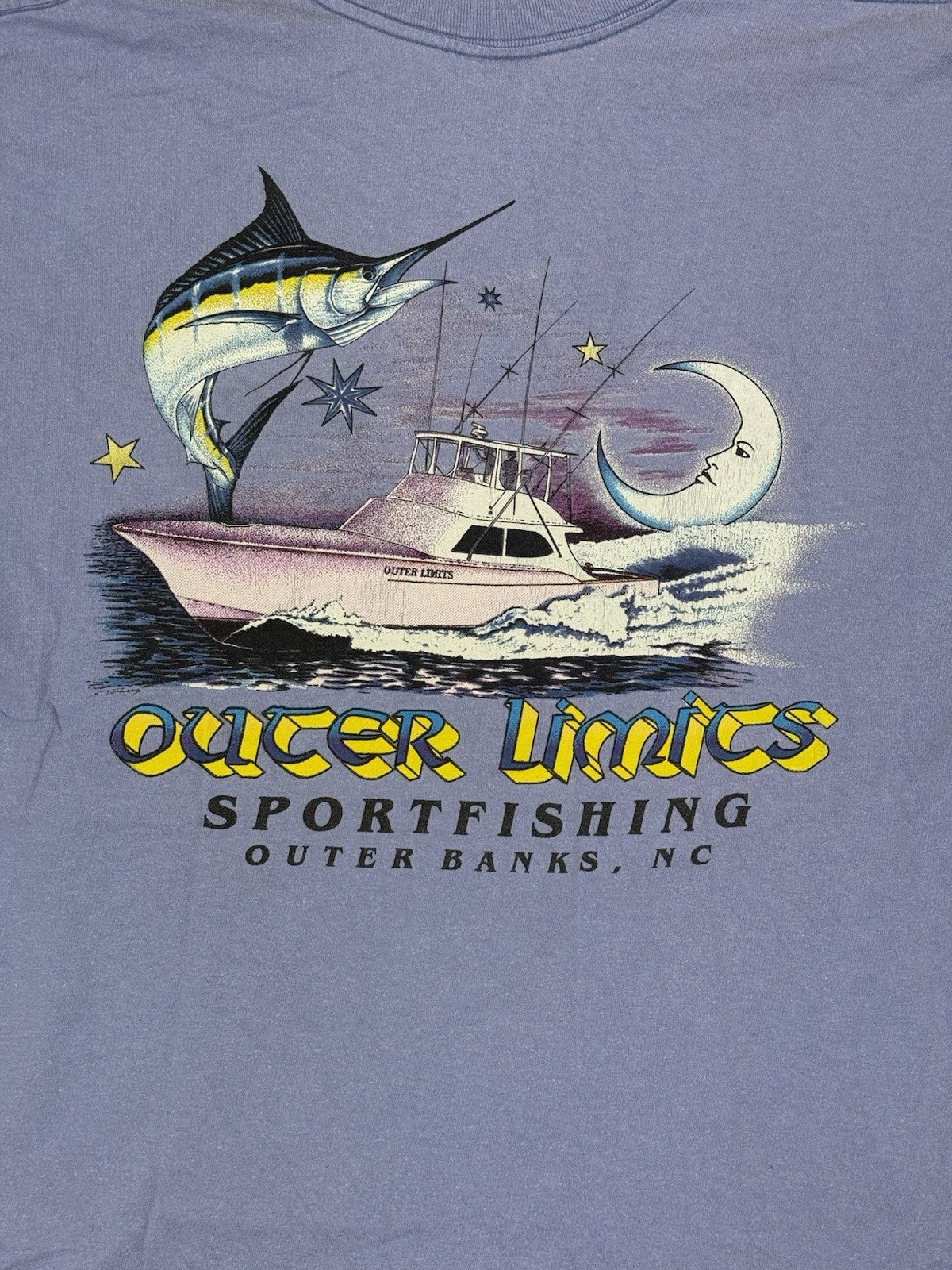 Vintage American Purple Graphic Print Sports Fishing Cotton Top Large