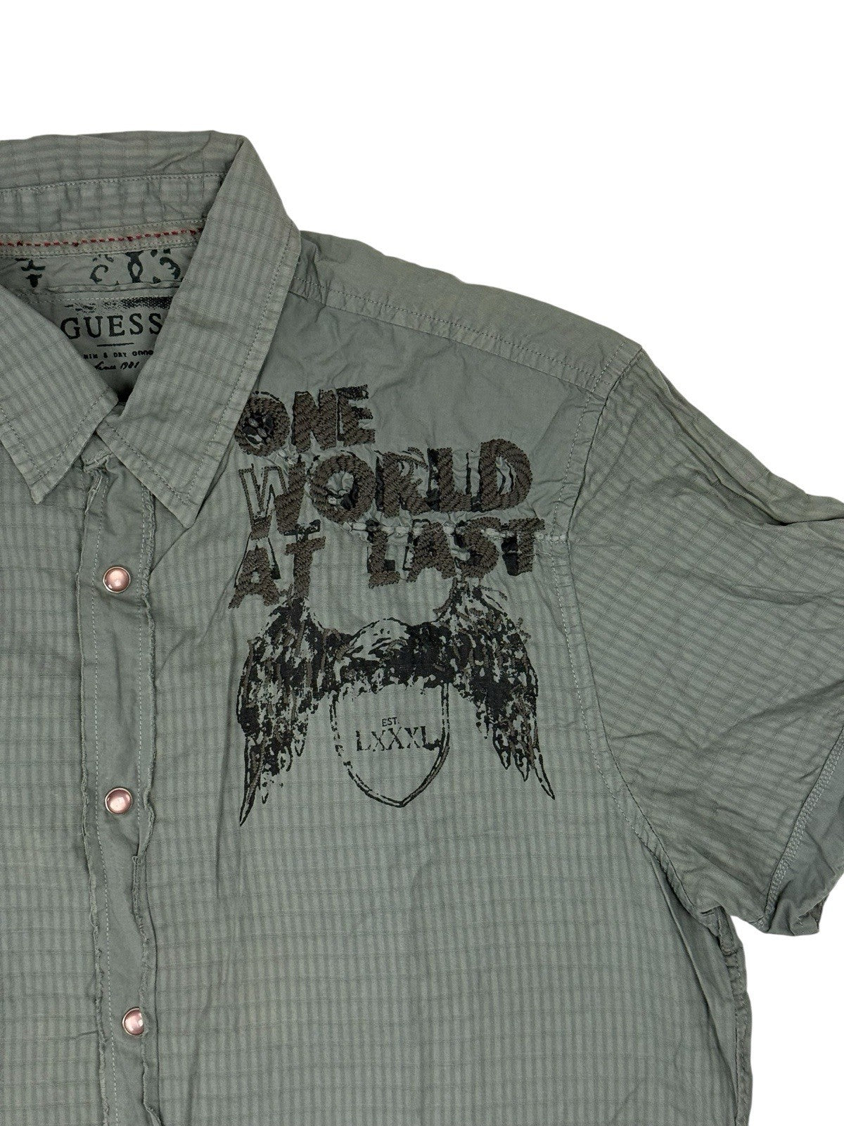 GUESS Green Embroidered One World Collared Shirt Large