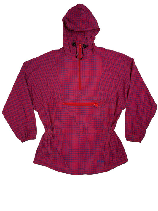 LL Bean Vintage Red Plaid Pullover Hooded Poncho Large