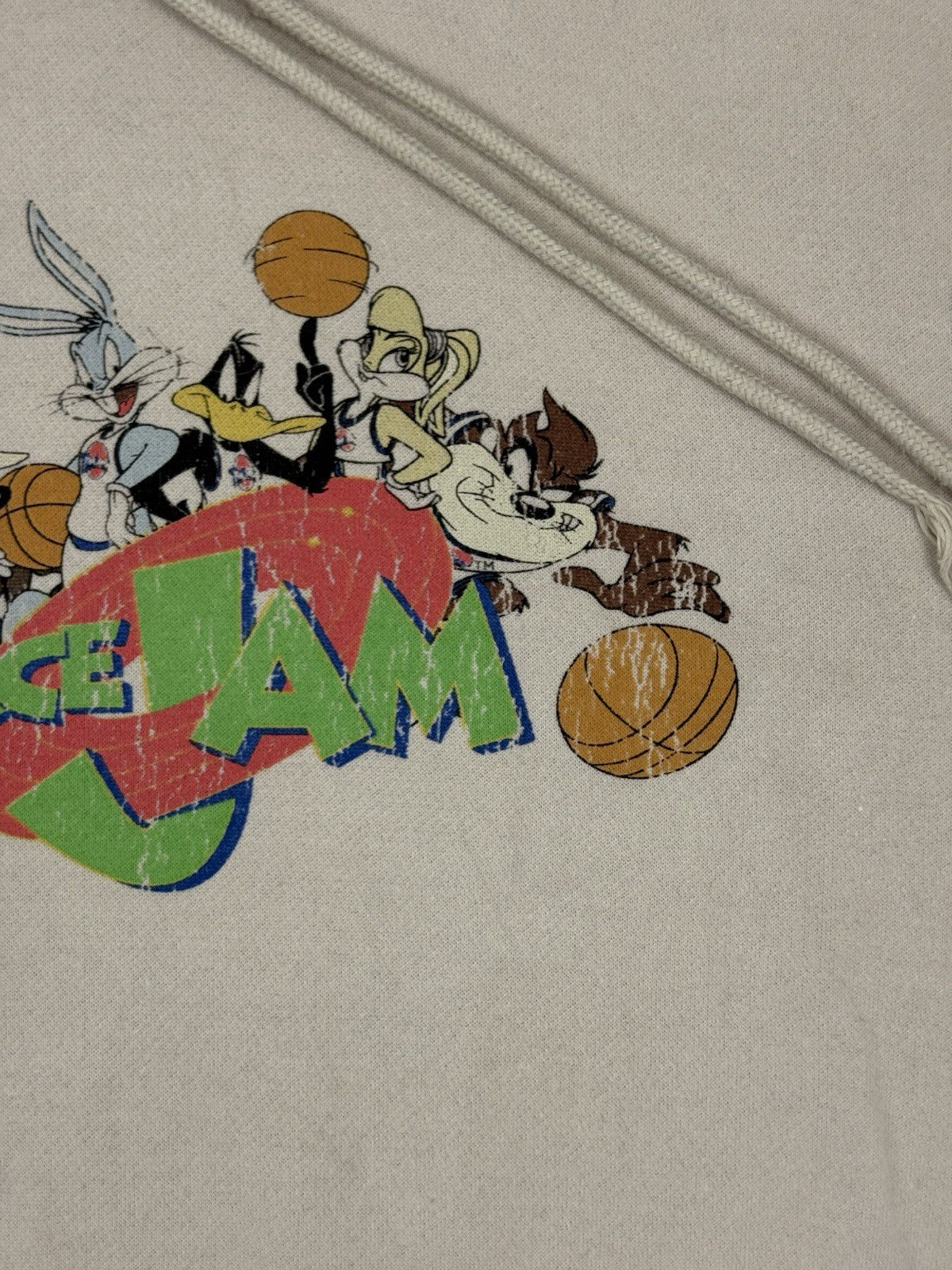 Retro Space Jam Beige Distressed Printed Hoodie Small
