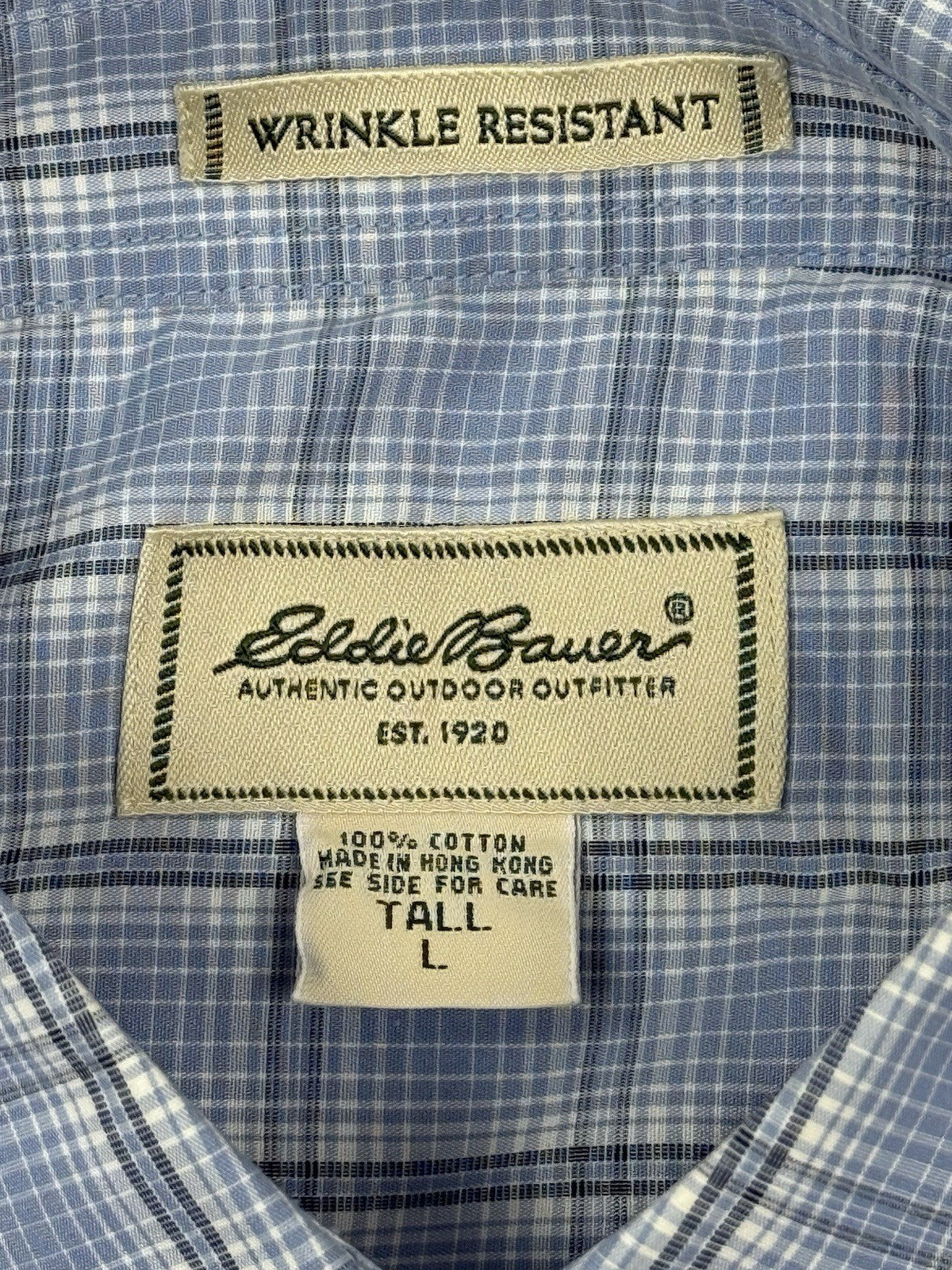 Eddie Bauer Retro Blue Plaid Cotton Collared Shirt Large Tall Fit