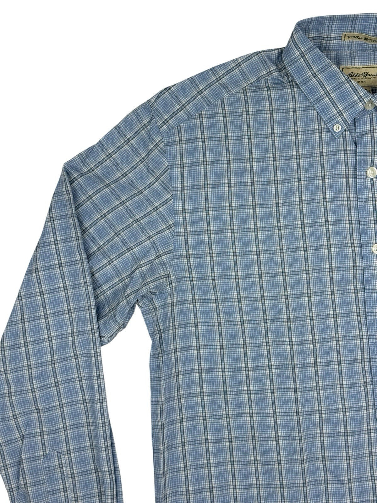 Eddie Bauer Retro Blue Plaid Cotton Collared Shirt Large Tall Fit