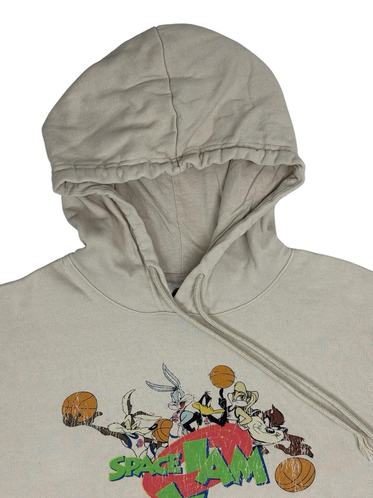 Retro Space Jam Beige Distressed Printed Hoodie Small
