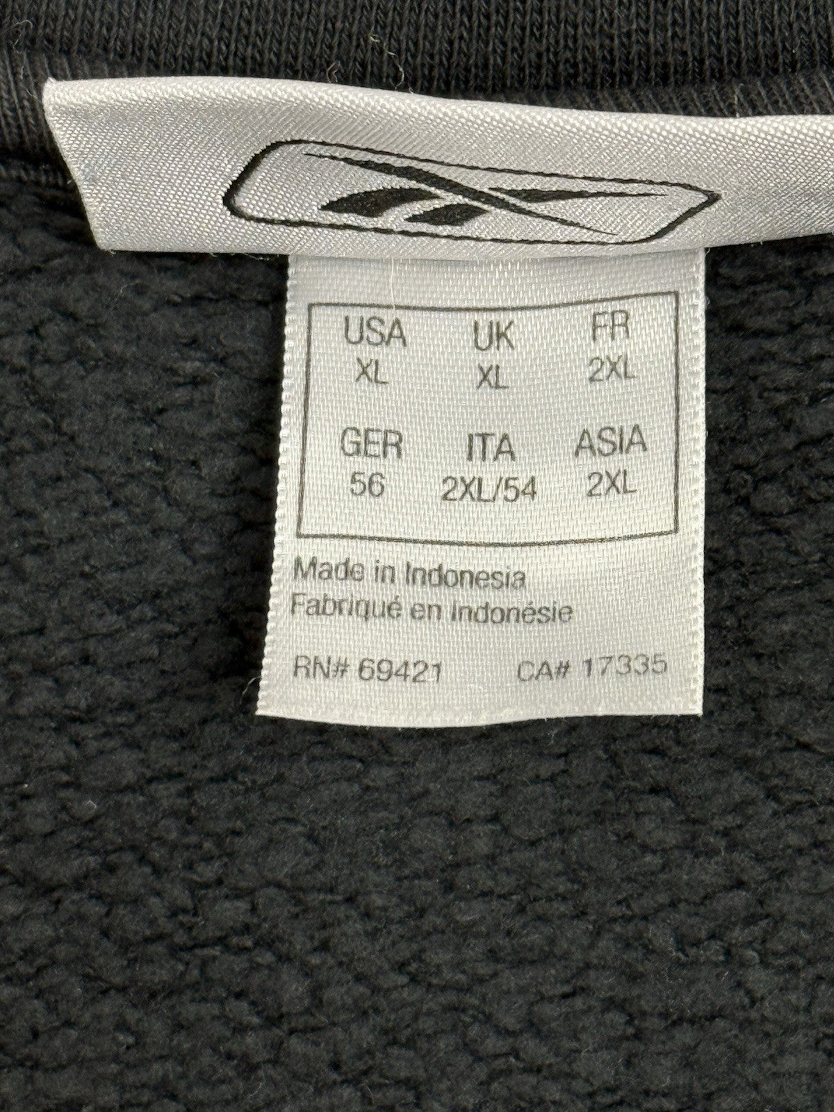 Reebok Black Retro Zip Cotton Fleece Lined Jacket XL