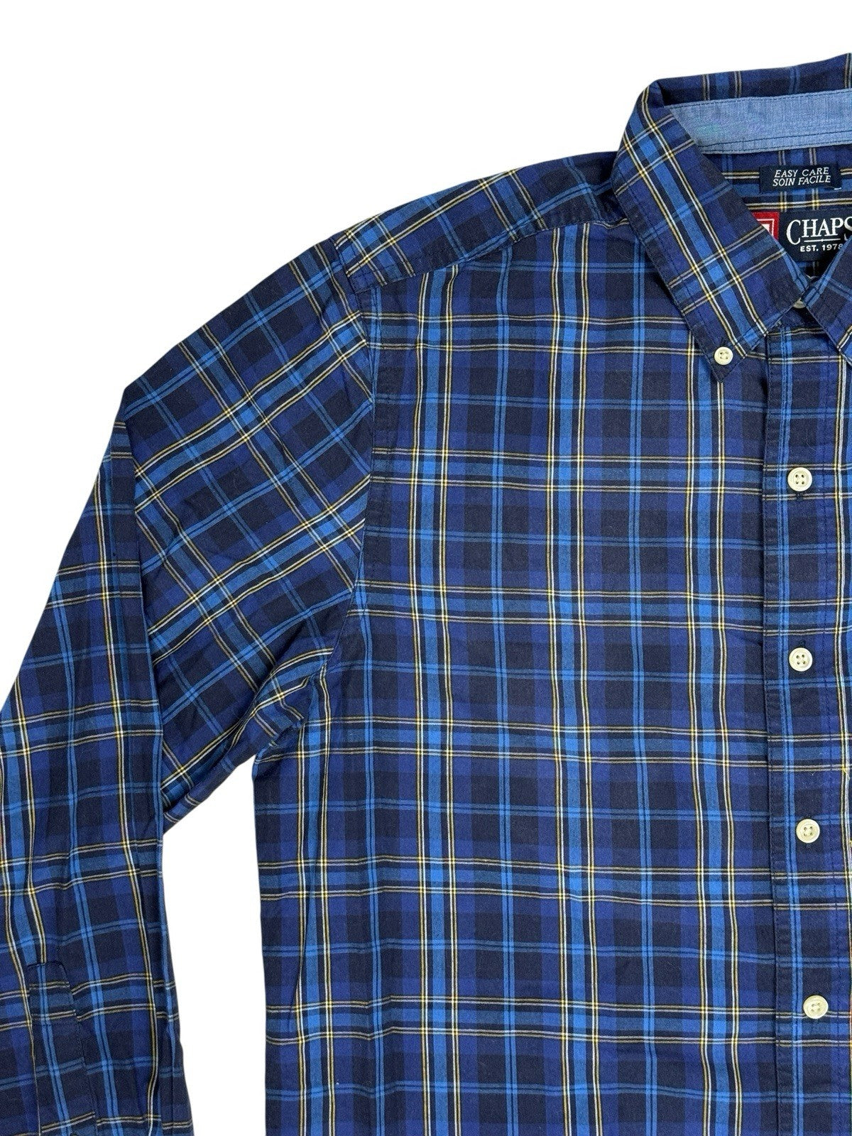 Chaps Blue Cotton Blend Plaid Collared Shirt Medium