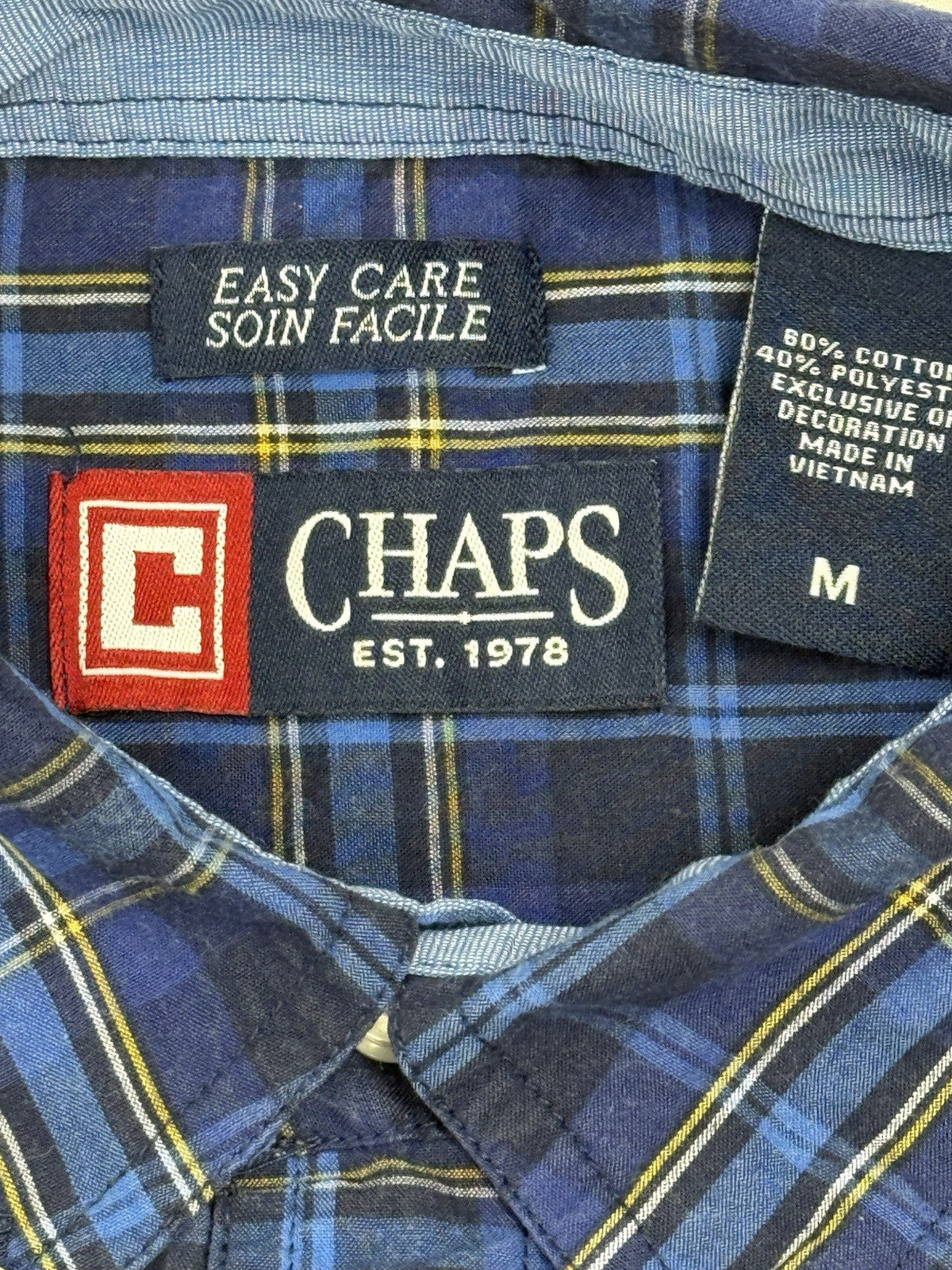 Chaps Blue Cotton Blend Plaid Collared Shirt Medium