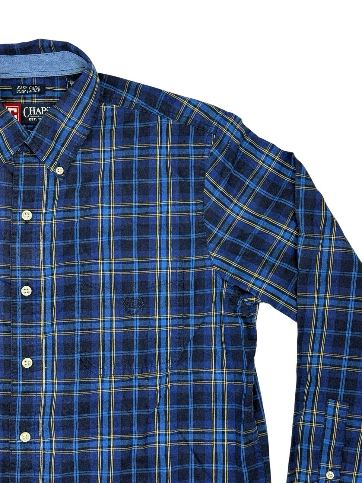 Chaps Blue Cotton Blend Plaid Collared Shirt Medium