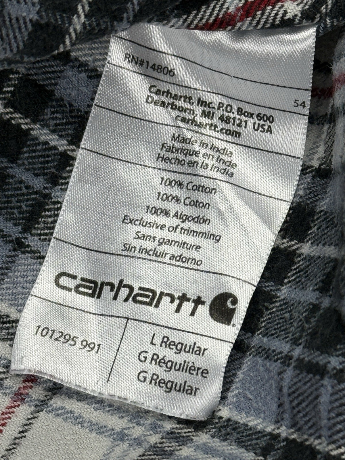 Carhartt Trumbull Grey Plaid Flannel Cotton Shirt Large Relaxed Fit Regular