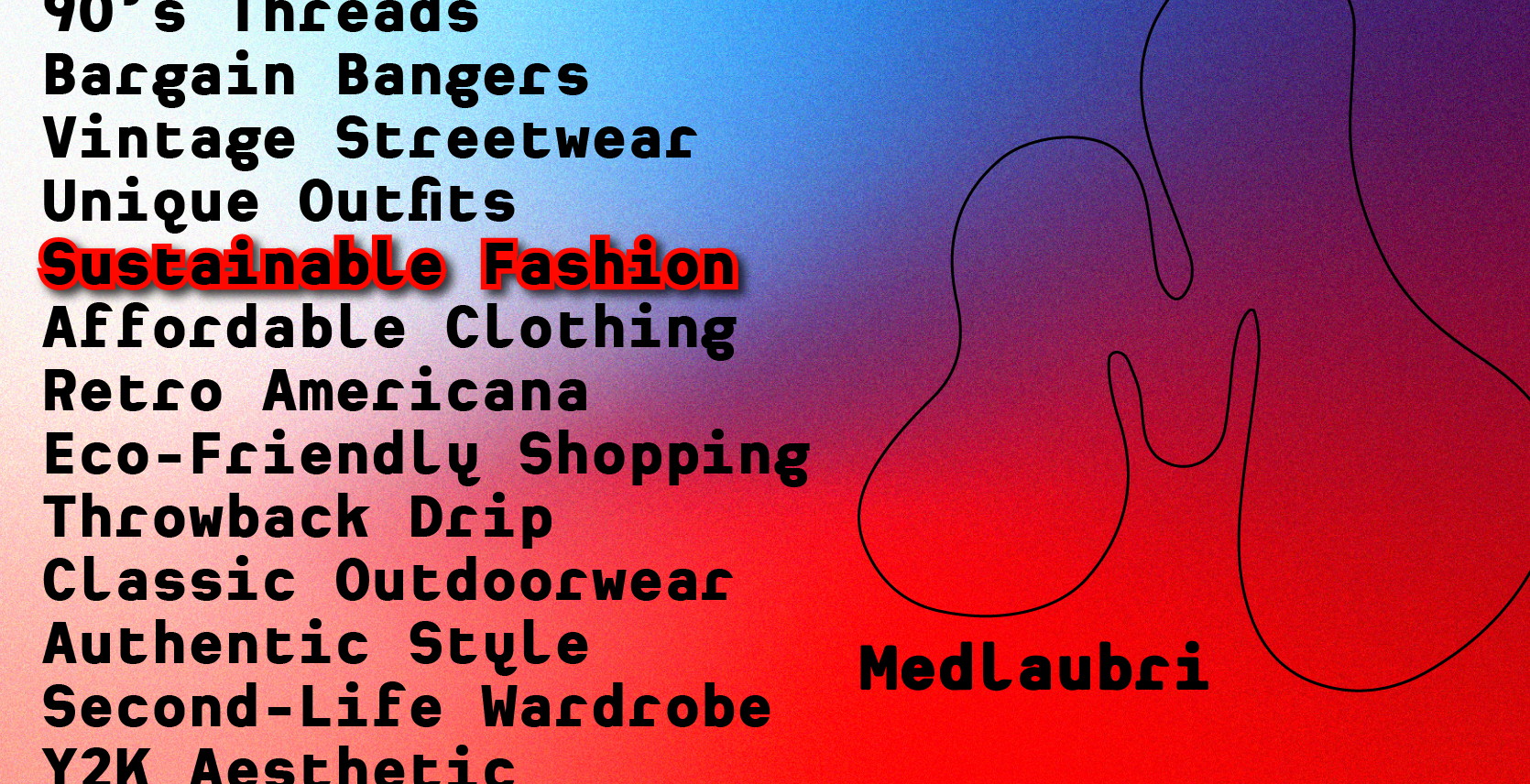 Text listing fashion-related keywords on a gradient background with abstract shapes.