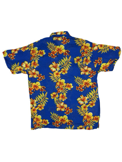 India Boutique Blue Floral Hawaiian Beach Holiday Short Sleeve Shirt Large
