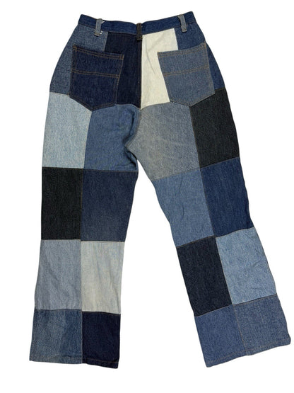 Unique Retro Patchwork Blue Denim Jeans 26W 28L Loose Fit