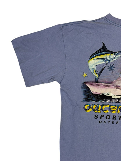 Vintage American Purple Graphic Print Sports Fishing Cotton Top Large