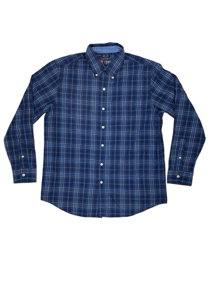 Chaps Blue Cotton Blend Plaid Collared Shirt Medium