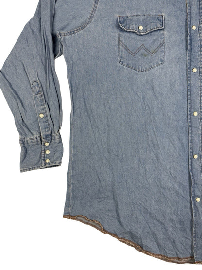 Wrangler Pearl Snap Blue Denim Western Cowboy Shirt 2XL Tall