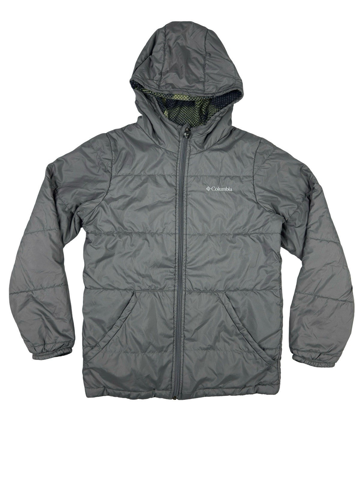 Columbia Grey Reversible Puffer Hooded Jacket Youth Large (14/16)