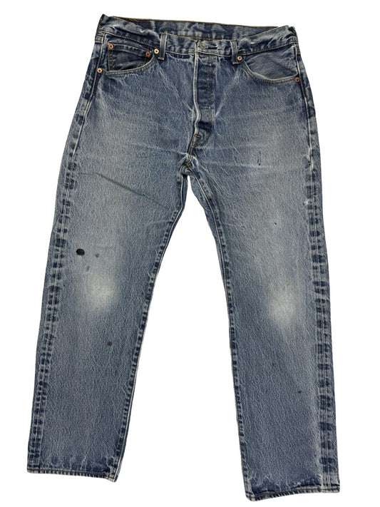 Levi's 501 Blue Straight Leg Distressed Paint Denim Jeans 36W 32L