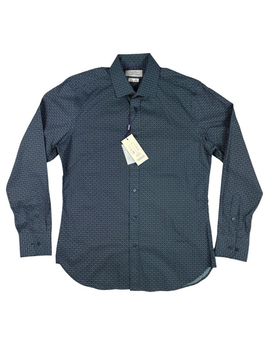 Gianni Feraud Blue Geometric Pattern Slim Fit Dress Shirt Medium (16in Collar)