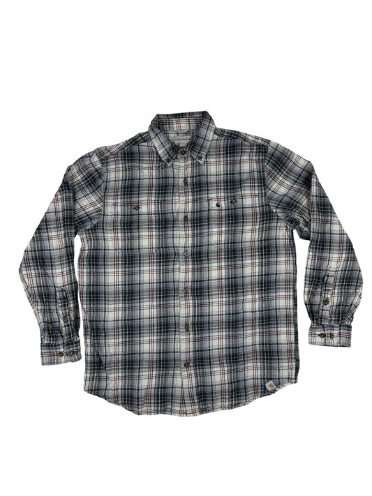 Carhartt Trumbull Grey Plaid Flannel Cotton Shirt Large Relaxed Fit Regular