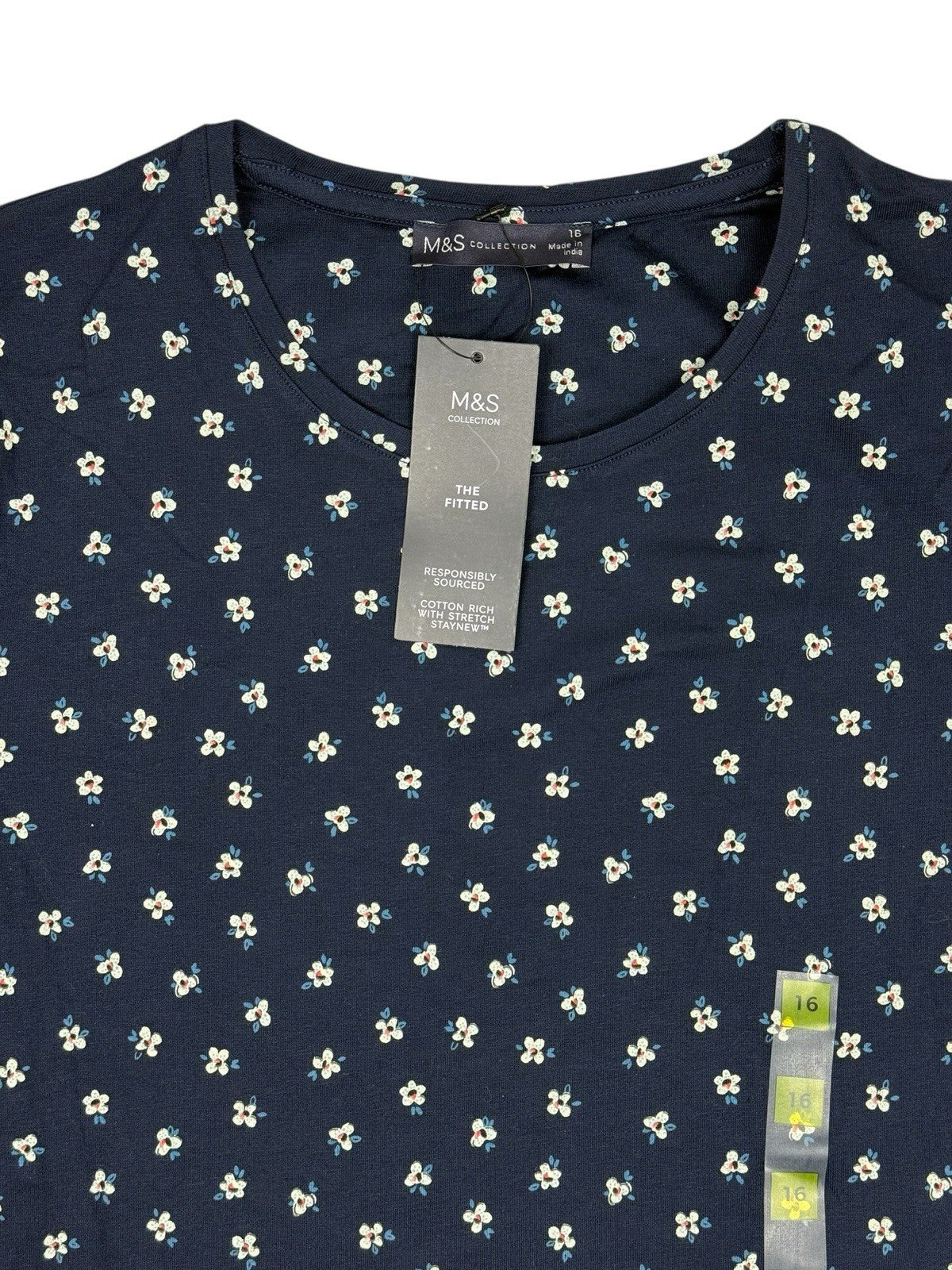 BNWT M&S Blue Floral Cotton Blend Fitted T-Shirt Top