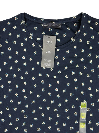 BNWT M&S Blue Floral Cotton Blend Fitted T-Shirt Top