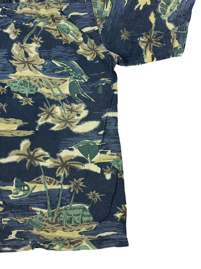 Pacific Scene Retro Blue Hawaiian Floral Beach Holiday Shirt XL