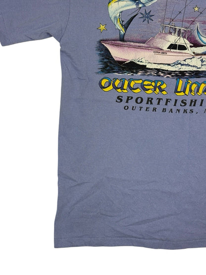 Vintage American Purple Graphic Print Sports Fishing Cotton Top Large