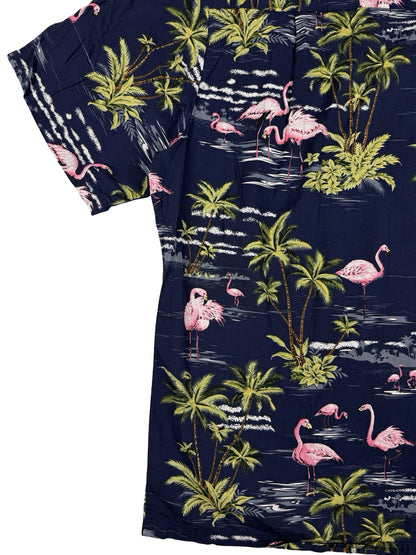 Vintage Ky's Blue Hawaiian Cotton Beach Holiday Flamingo Tropical Shirt XL