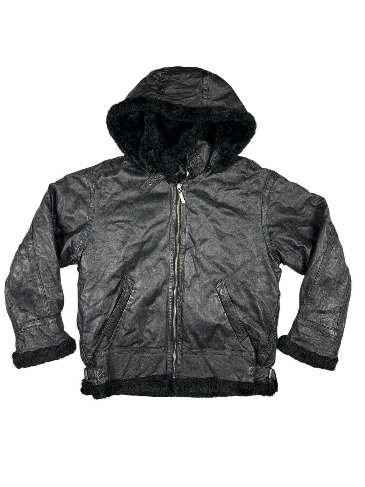 Sergio Benini Retro Y2K Black Fur Lined Hooded Leather Jacket Large