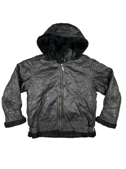 Sergio Benini Retro Y2K Black Fur Lined Hooded Leather Jacket Large