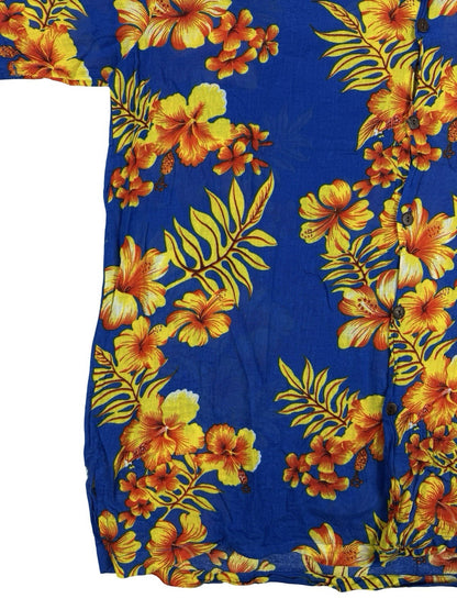 India Boutique Blue Floral Hawaiian Beach Holiday Short Sleeve Shirt Large