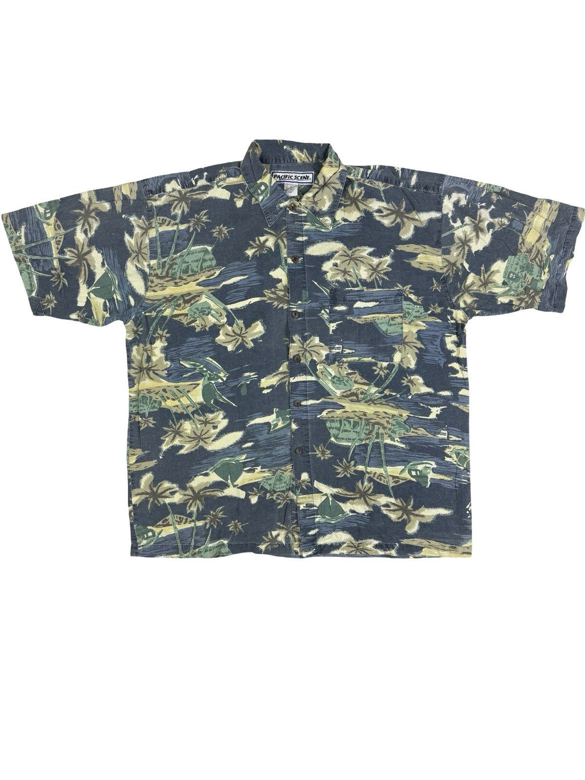 Pacific Scene Retro Blue Hawaiian Floral Beach Holiday Shirt XL