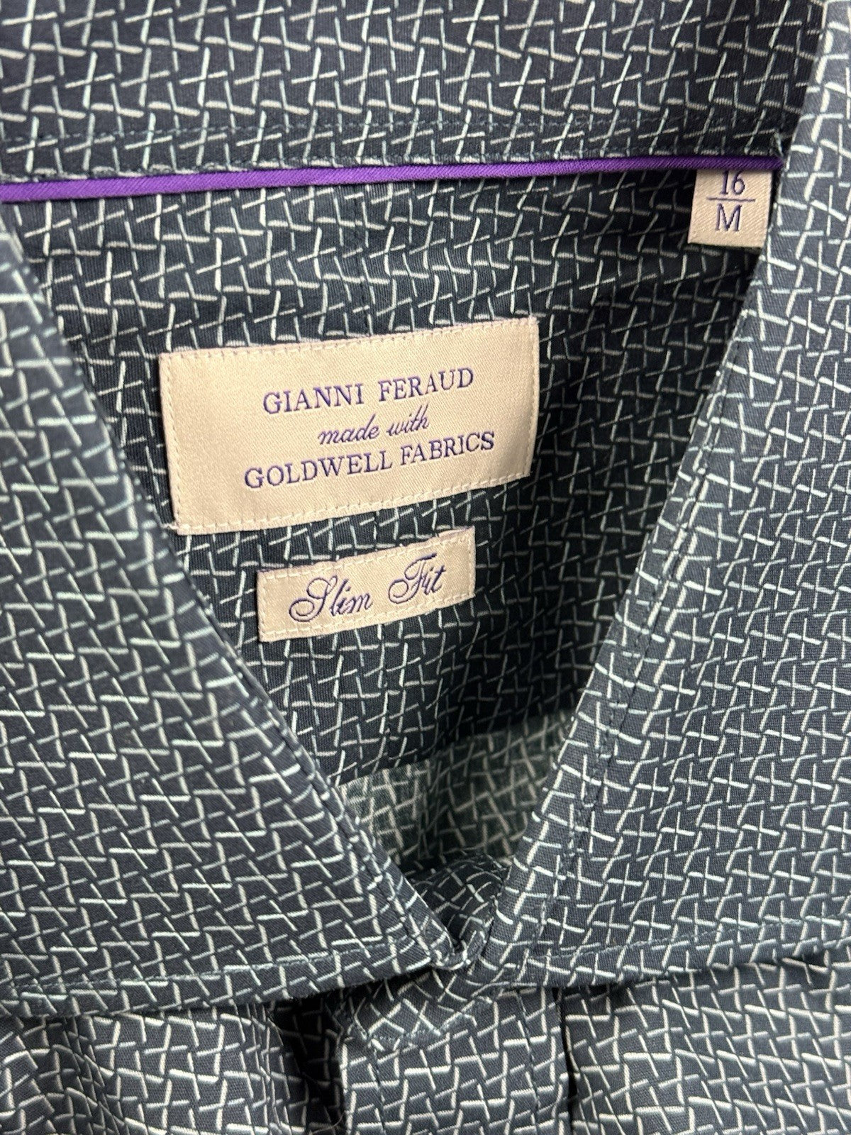 Gianni Feraud Blue Geometric Pattern Slim Fit Dress Shirt Medium (16in Collar)