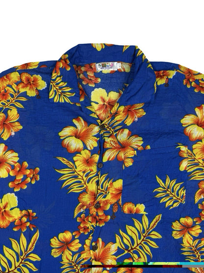 India Boutique Blue Floral Hawaiian Beach Holiday Short Sleeve Shirt Large