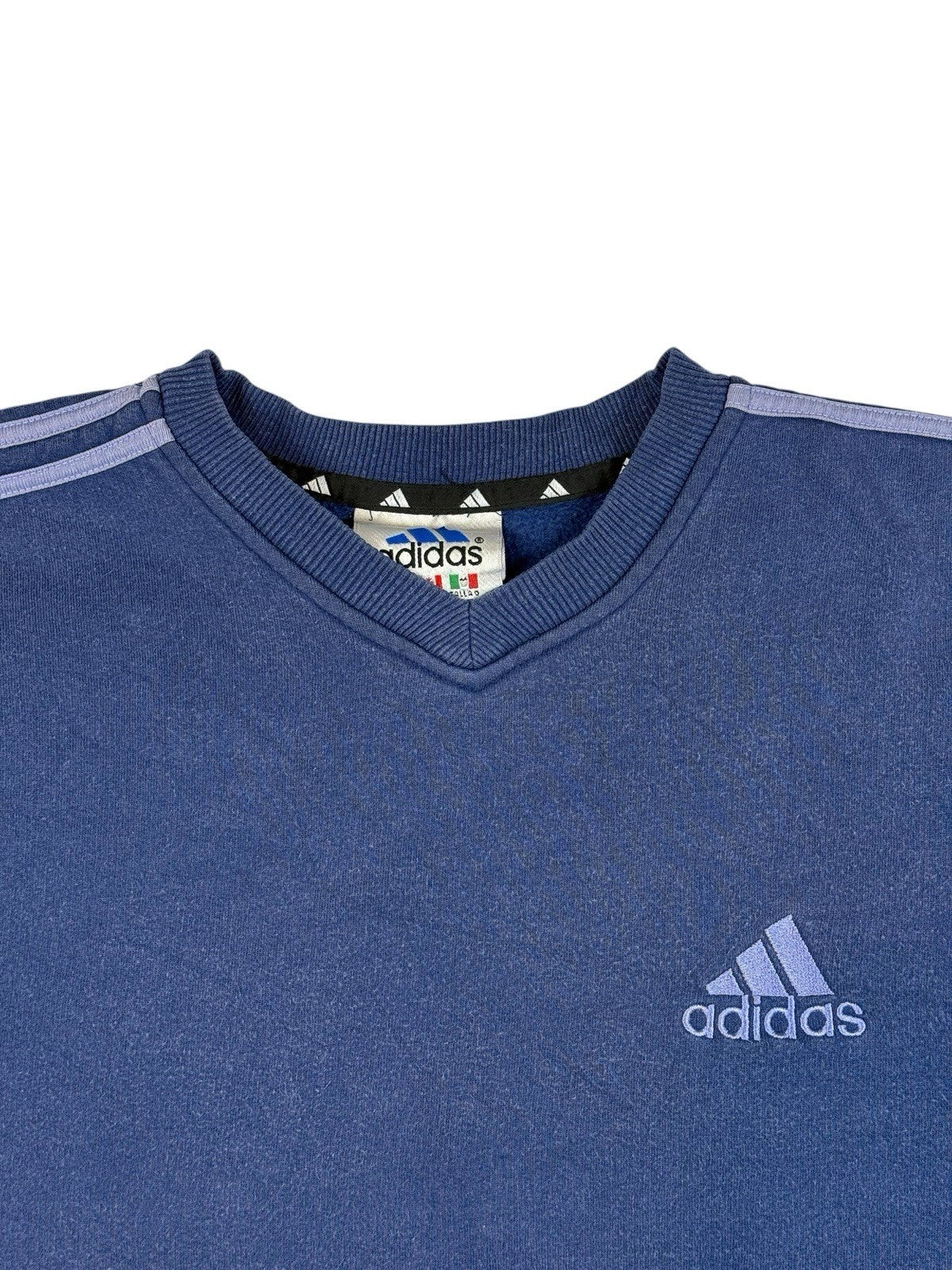 Adidas Vintage Blue Striped V-Neck Jumper Large