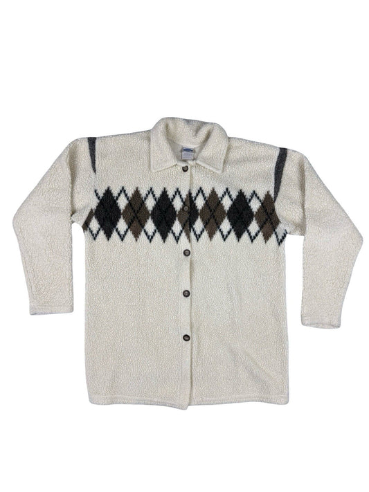 Essentials Style Retro Cream Argyle Fleece Button Jacket Medium