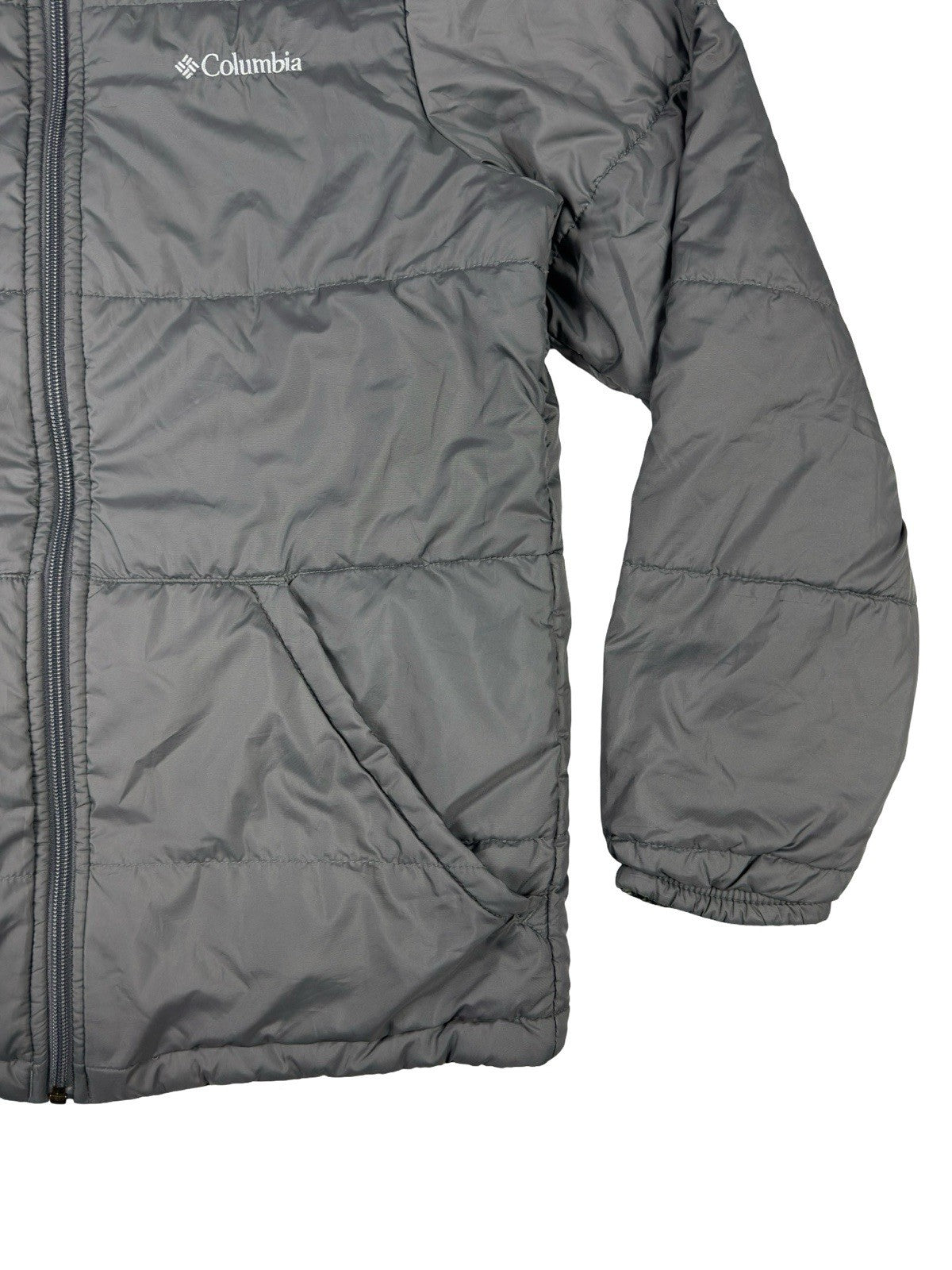 Columbia Grey Reversible Puffer Hooded Jacket Youth Large (14/16)