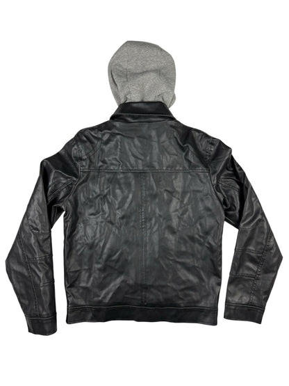 GUESS Retro Y2K Black Faux Leather Zip Out Hooded Jacket Size Small