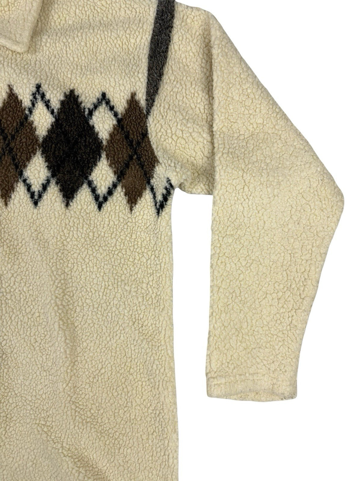 Essentials Style Retro Cream Argyle Fleece Button Jacket Medium