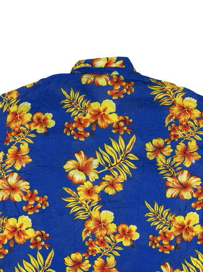 India Boutique Blue Floral Hawaiian Beach Holiday Short Sleeve Shirt Large
