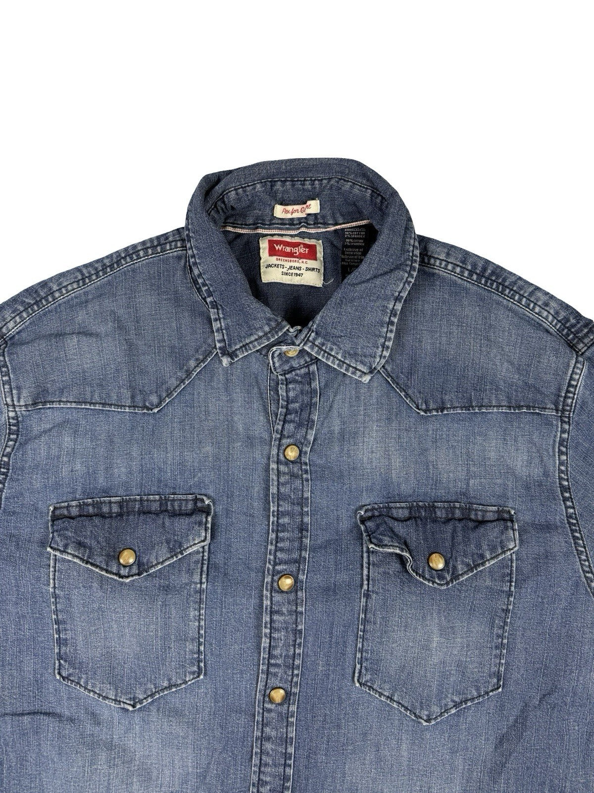 Wrangler Flex Comfort Blue Pearl Snap Western Denim Shirt Large