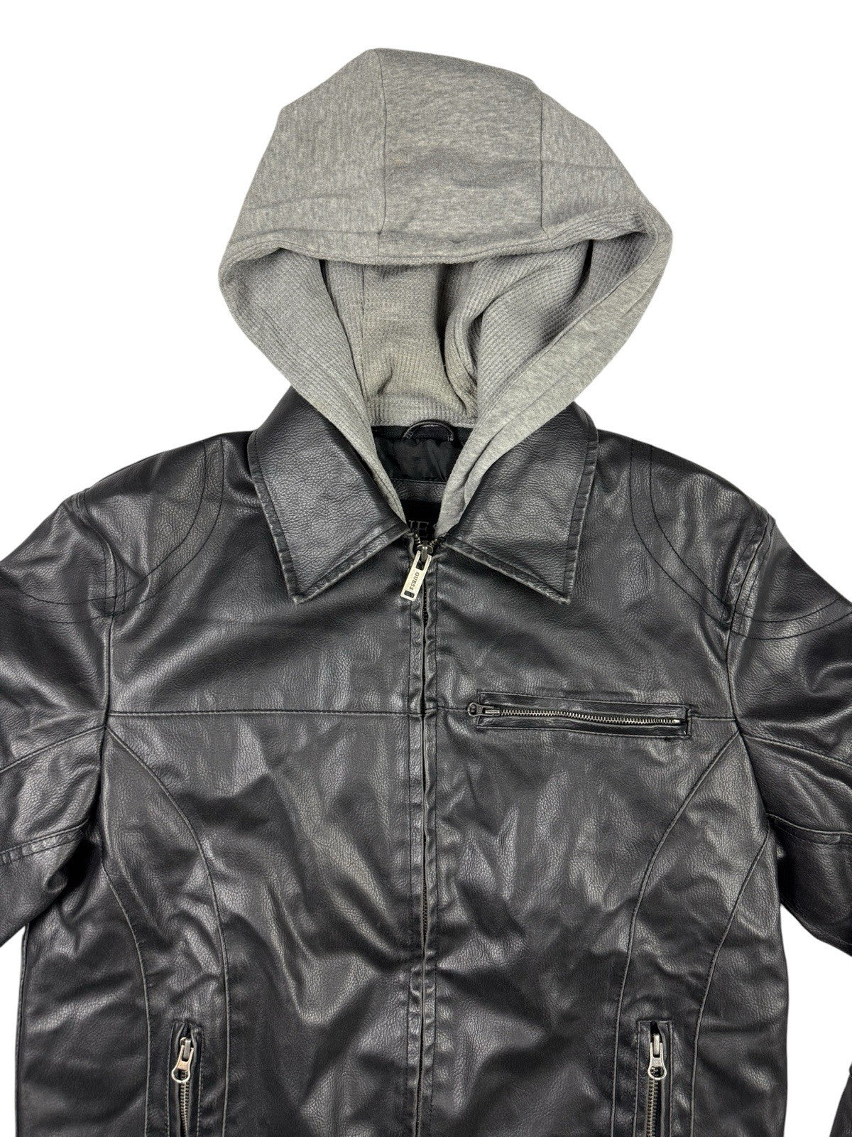 GUESS Retro Y2K Black Faux Leather Zip Out Hooded Jacket Size Small