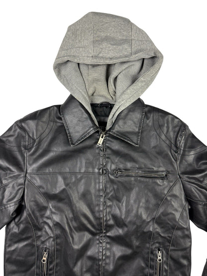 GUESS Retro Y2K Black Faux Leather Zip Out Hooded Jacket Size Small
